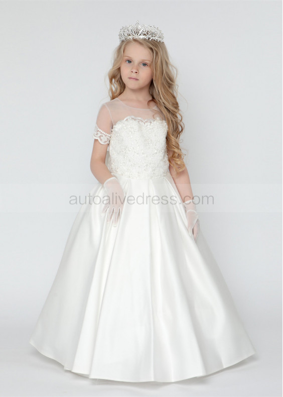 Short Sleeve Beaded Ivory Lace Satin Pearl Long Flower Girl Dress Princess Dress